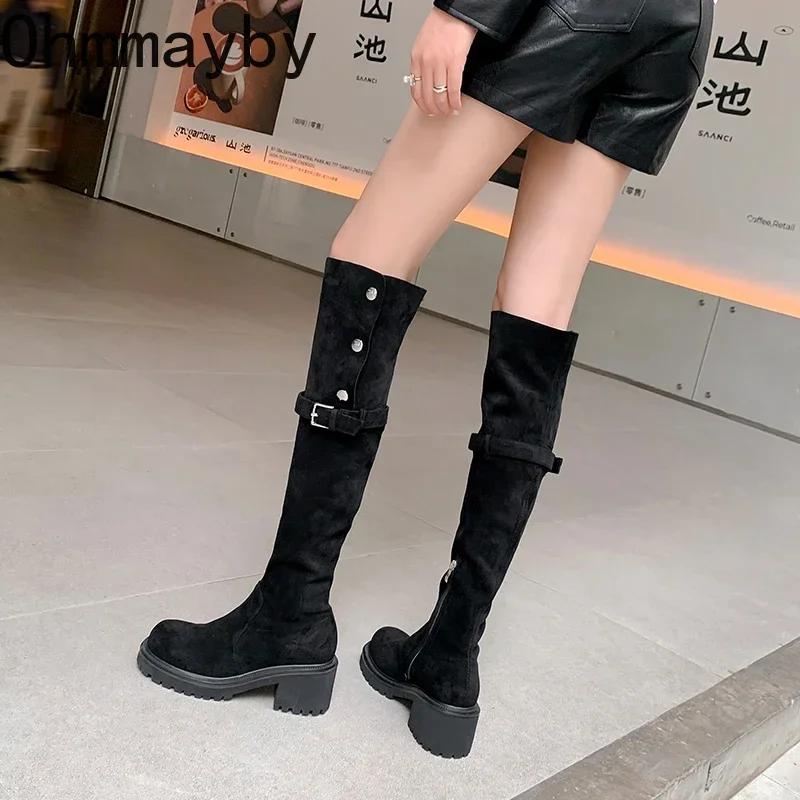 Винтажные женские сапоги выше колена на платформе, модные туфли с пряжкой на ремне, осень-зима, женские длинные сапоги на толстом каблуке
