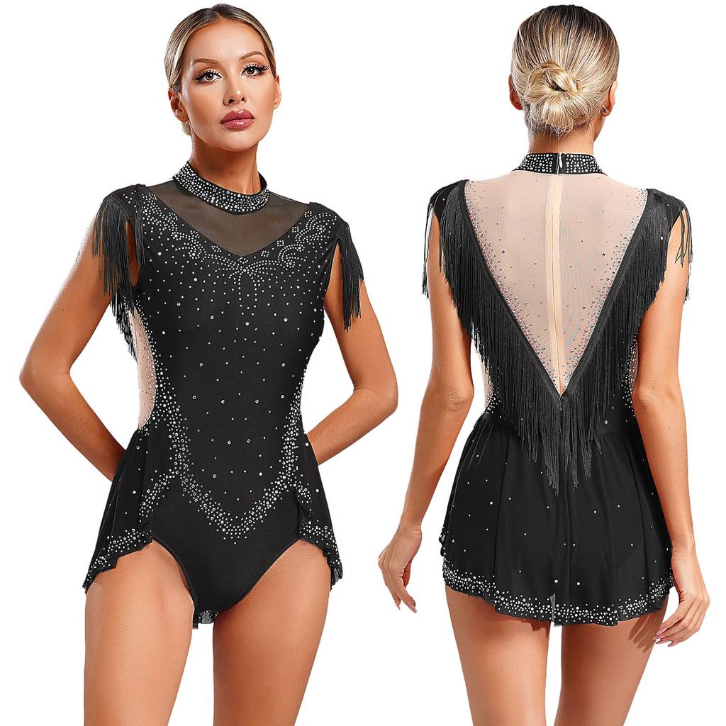 Womens Ballet Gymnastics Dress Rhinestones Figure Ice Skating Leotard Sleeveless Sheer Mesh Patchwork Tassel Skirted Bodysuit