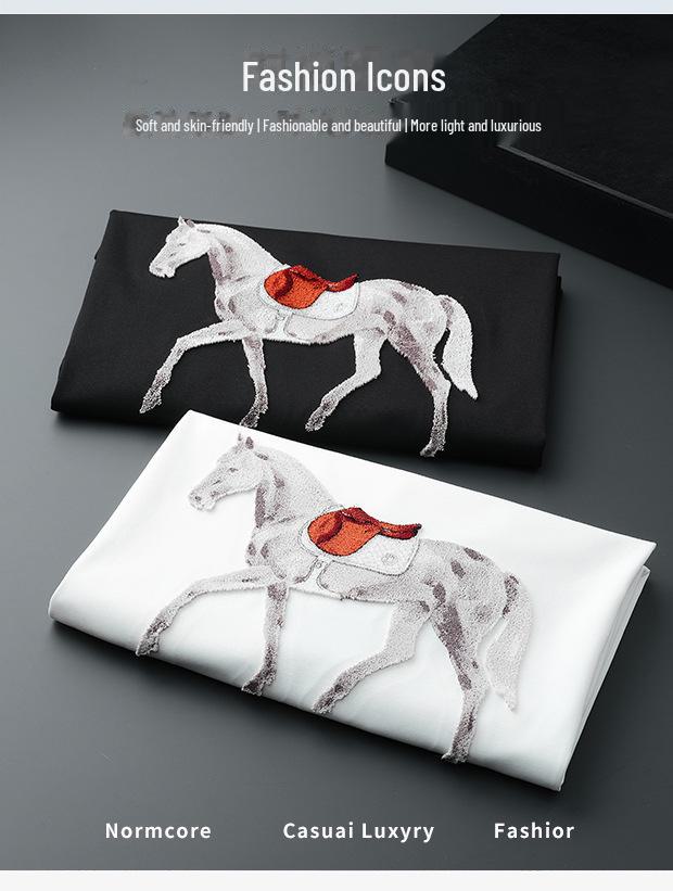 Футболка мужская из шелка Ice Silk с вышивкой European Light Luxury Embroidered Warhorse – с короткими рукавами, дышащая, с круглым вырезом, модный летний стиль