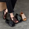 Genuine Leather Peep Toe Flat Sandals Vintage Solid Color Soft Sole Comfortable Versatile Women Shoes