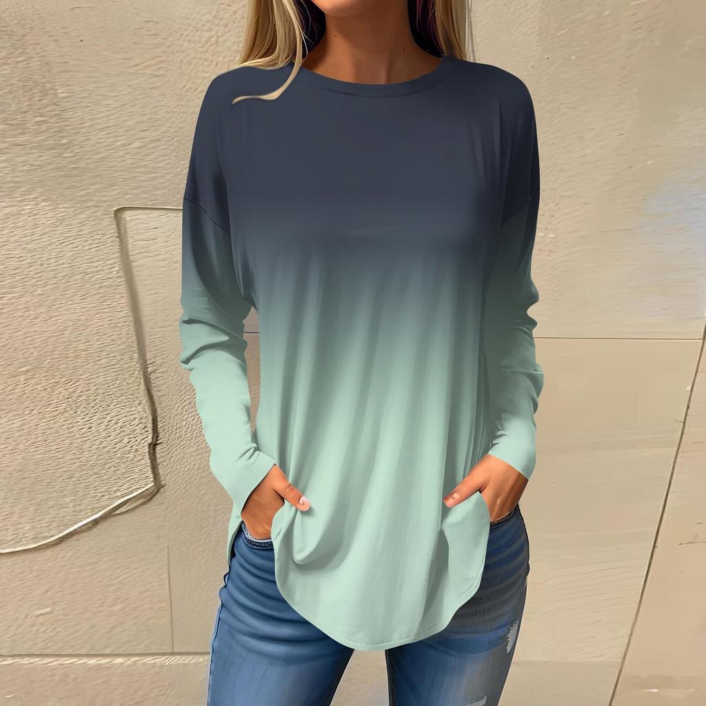 Women's Loose Round Neck Gradient Print Long Sleeve T-Shirt Top Pullover