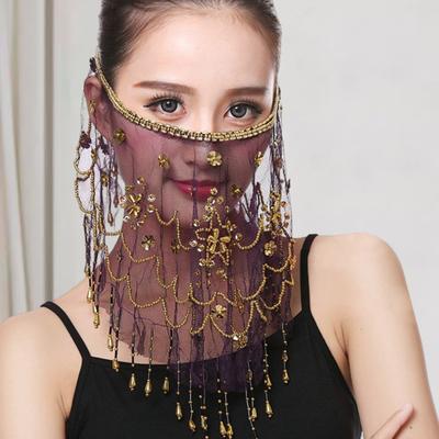 Фата для выступлений Цветы Блестки Бисер Декор Прозрачное кружево Танец живота Племенное лицо