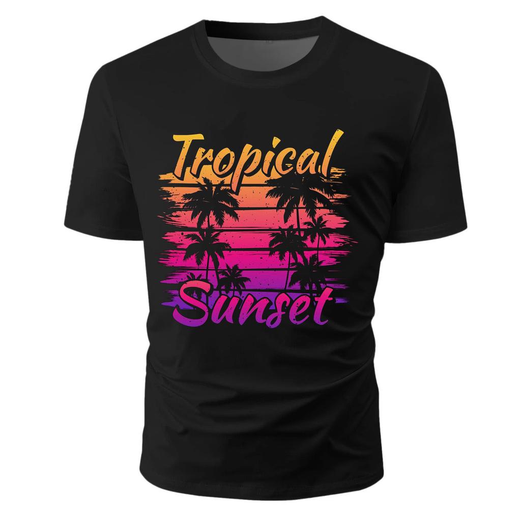 Unisexs Tropical Sunset Letter D Printed Tshirt Sunset Coconut Tree Graphic T Shirt Summer Casual Short Sleeve Crew Neck Tee Top