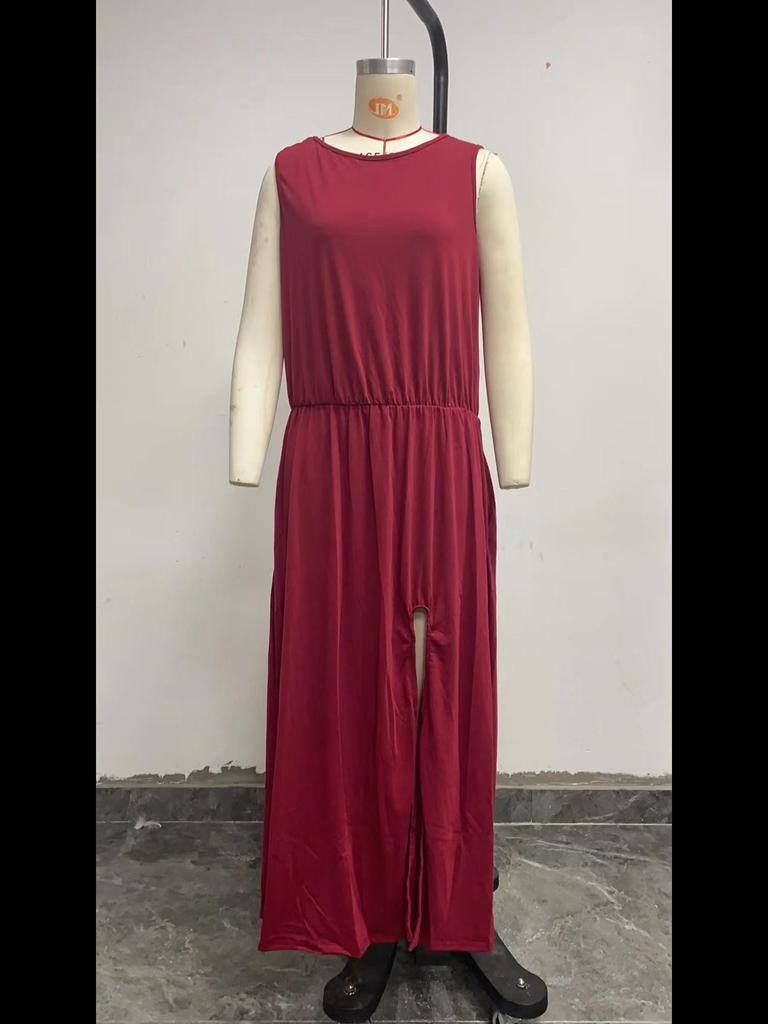 2025 европейское и американское женское длинное повседневное платье без рукавов с круглым вырезом и разрезом на весну и лето