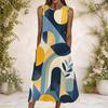 Women Plus Size Round Neck Sleeveless Blue Yellow Geometric Printed A Line Long Dress With Side Pockets