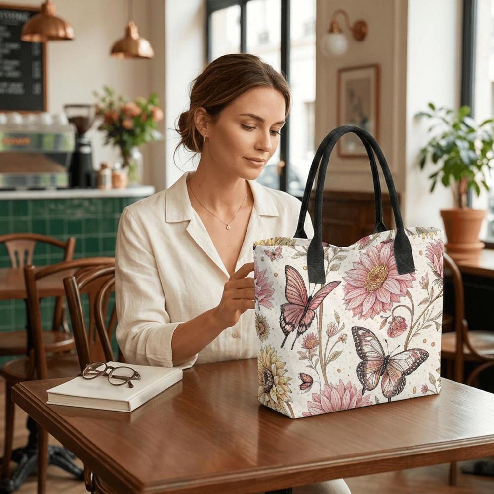 Floral Butterfly Tote Bag Fashion Casual Large Capacity Canvas Shoulder Bag for Women Daily Use