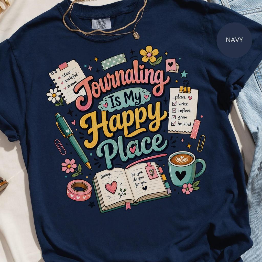 Journaling Is My Happy Place T-Shirt | Cozy Self Care Affirmation Tee | Whimsical Writer Life Apparel Gift