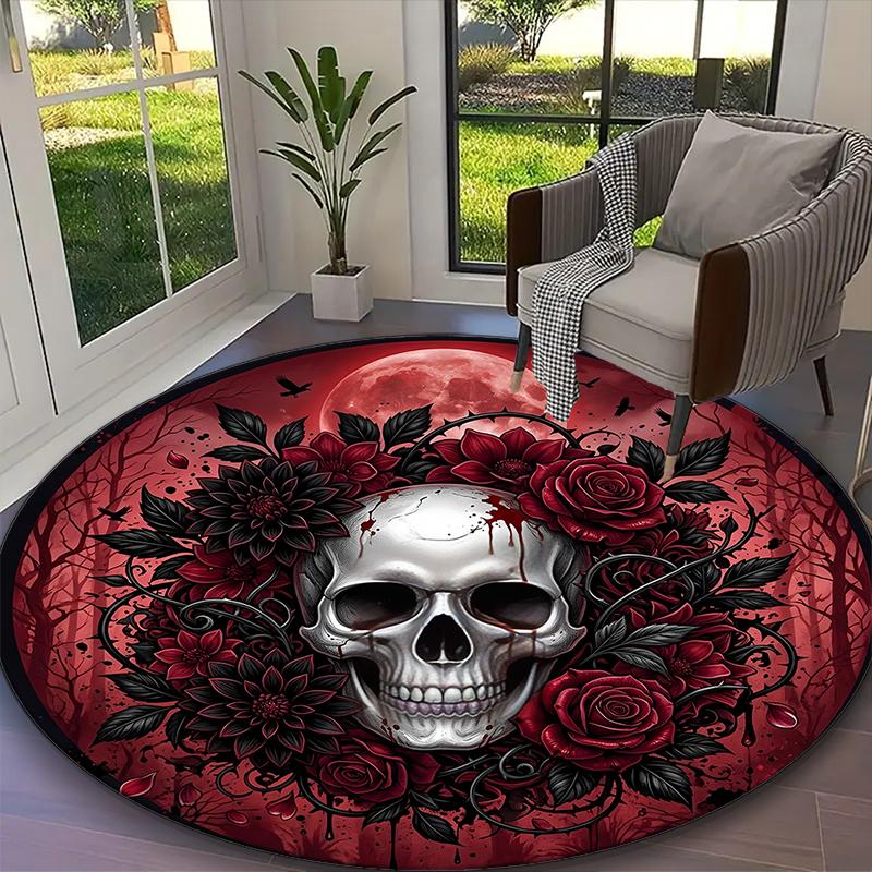Gothic Dark Rose Skull Bloom Print Round Rug, Multi-functional Office Chair Sofa Carpet, Easy Clean Carpet for Home and Living Spaces