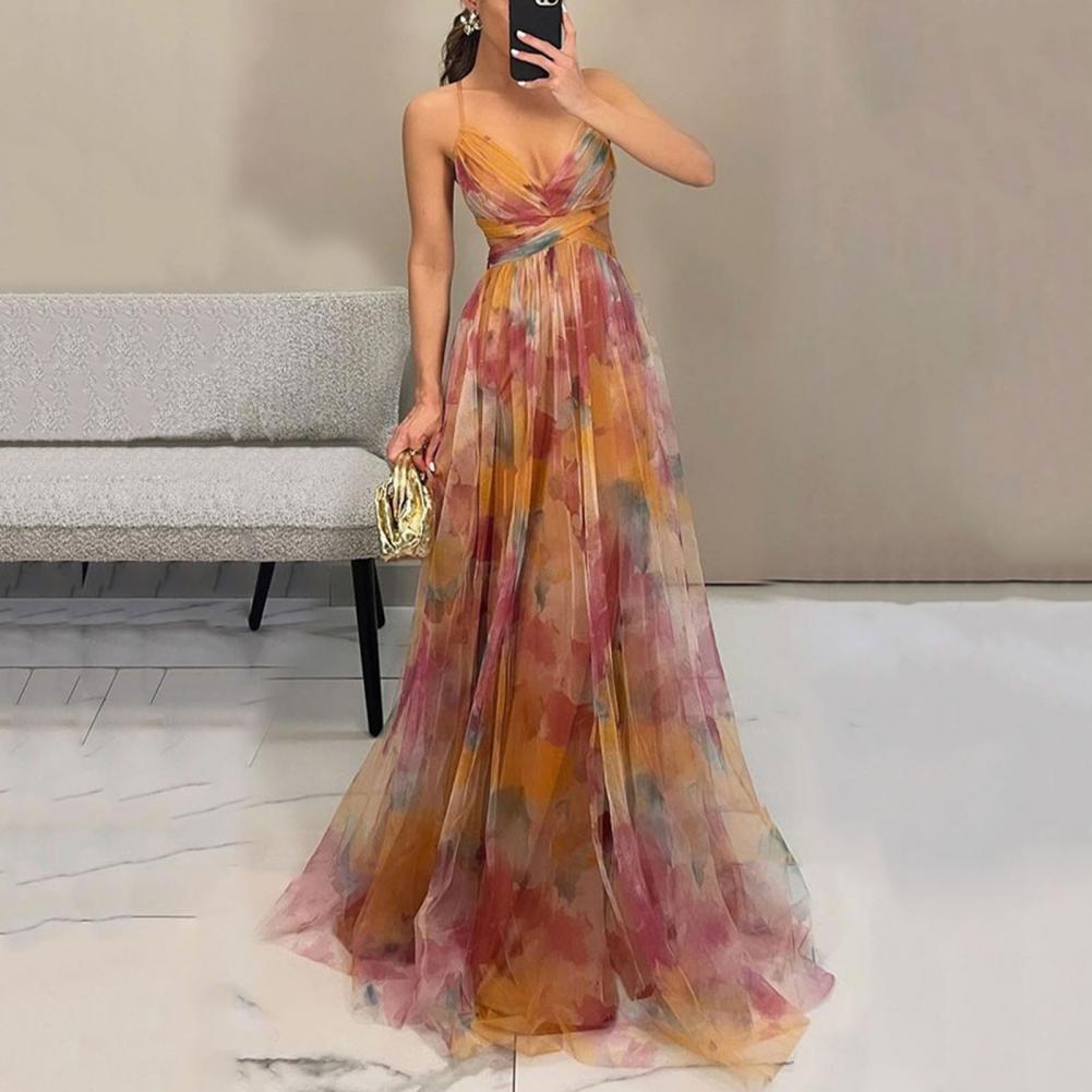 Women Evening Dress Mesh Colorful Printing Low-cut Sleeveless Backless Spaghetti Strap Pleated A-line Floor Length Tight Waist