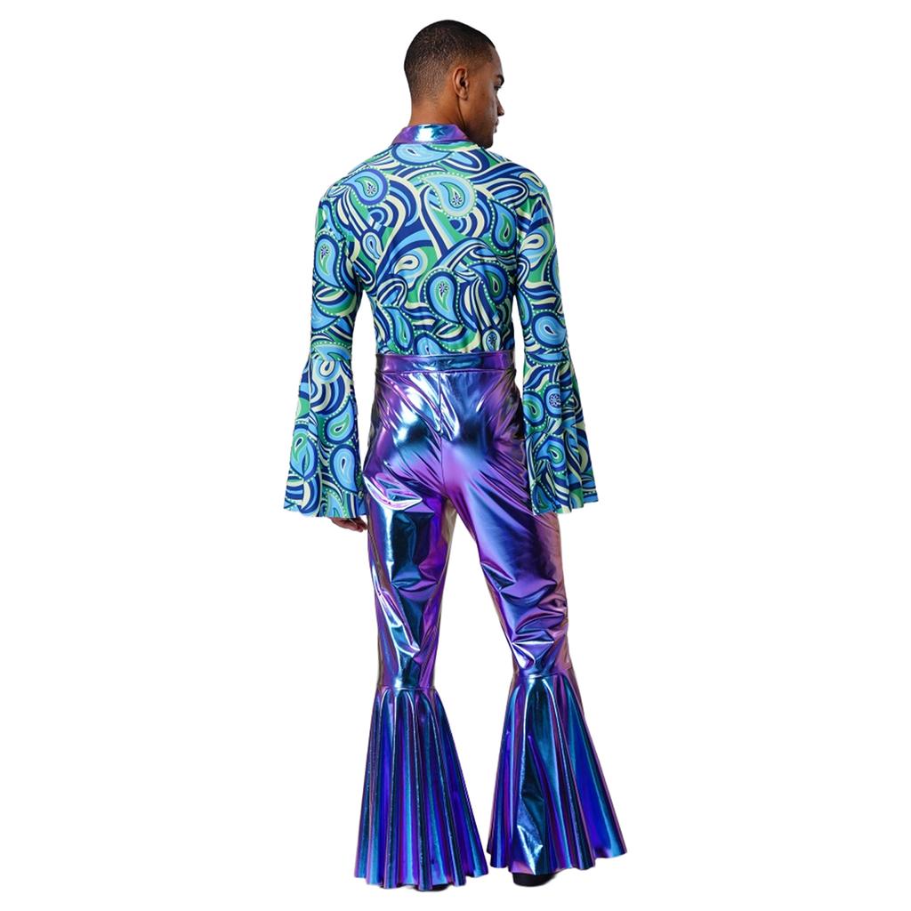 Mens Metallic Bell Bottom Disco Jumpsuit Turn Down Collar Flared Sleeves Printed Bodice Bodysuit Party Costume