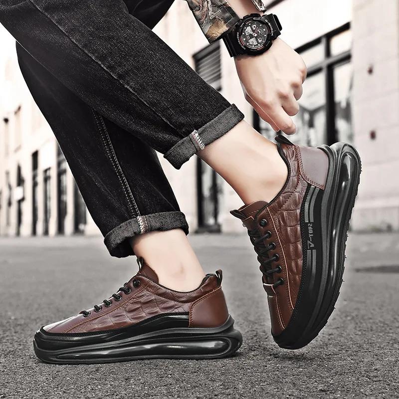 Men's Retro Leather Shoes Men's Genuine Leather Casual Sneakers Alligator Pattern  Platform Shoes Men
