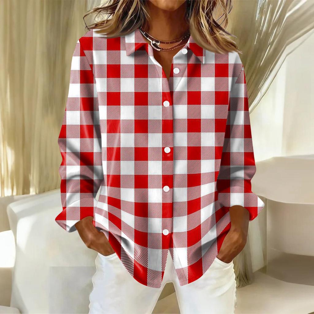 Женская рубашка-блузка с рождественским принтом и пуговицами, длинный рукав, повседневный базовый рубашечный воротник, обычный топ