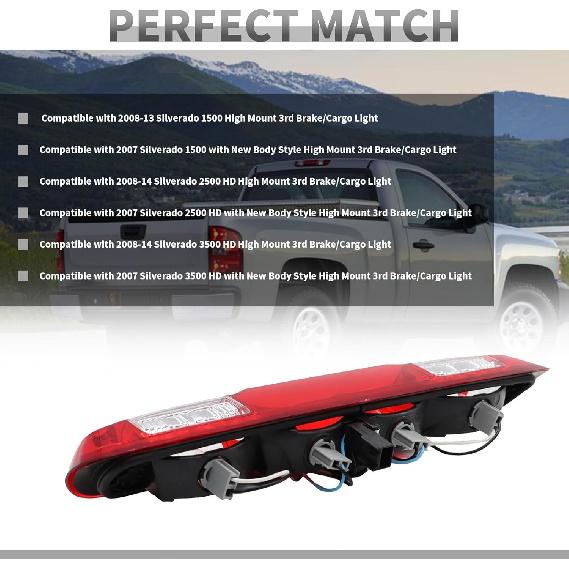 High Mount Stop Third Brake Light Cargo Lamp 25890530 Compatible With 2007-2013 Silverado Sierra 1500 2500HD 3500HD (Red 3 Pin)