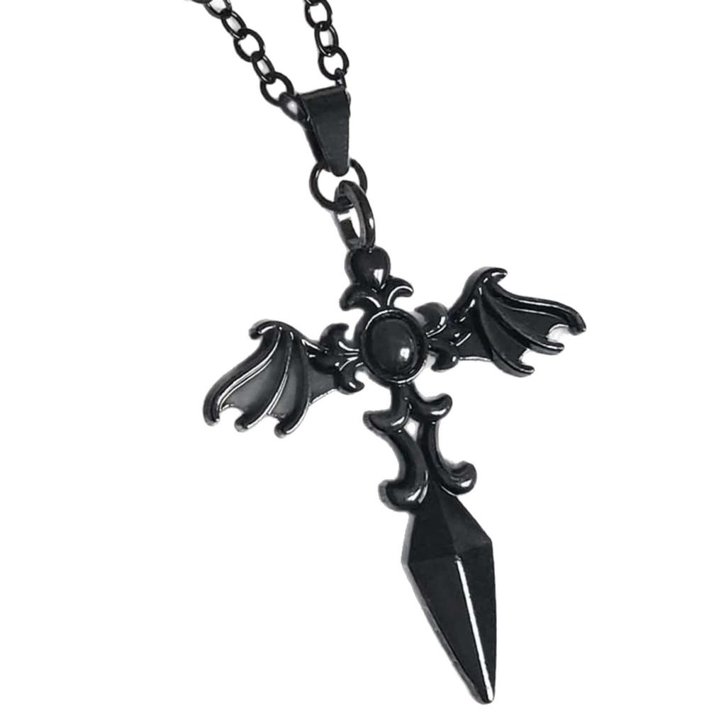 Gothic Sword Pendant Necklace, Winged Cross, Vampire Bat Wings, Unisex Statement Necklace