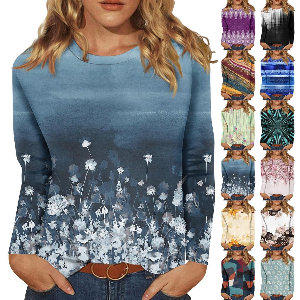 Long Sleeve Shirts For Women Cute Print Graphic Tees Blouses Casual Plus Size Basic Tops Pullover
