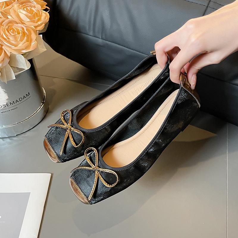 Женские повседневные туфли на плоской подошве с квадратным закрытым носком и бантом, удобные нарядные туфли на плоской подошве, мягкие балетки на плоской подошве для женщин, обувь для ходьбы