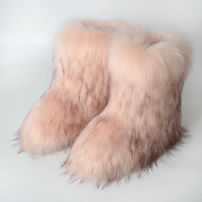 Winter Women Fluffy Faux Fox Fur Short Boots Comfortable Plush Warm Snow Luxury Girls Furry Fashion Footwear