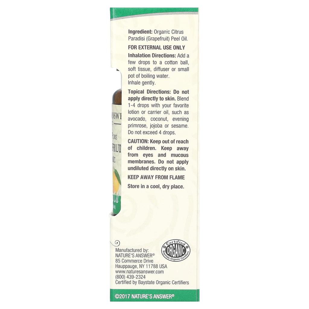 Nature's Answer Organic Essential Oil, 100% Pure Grapefruit, 0.5 Fl Oz (15 Ml)