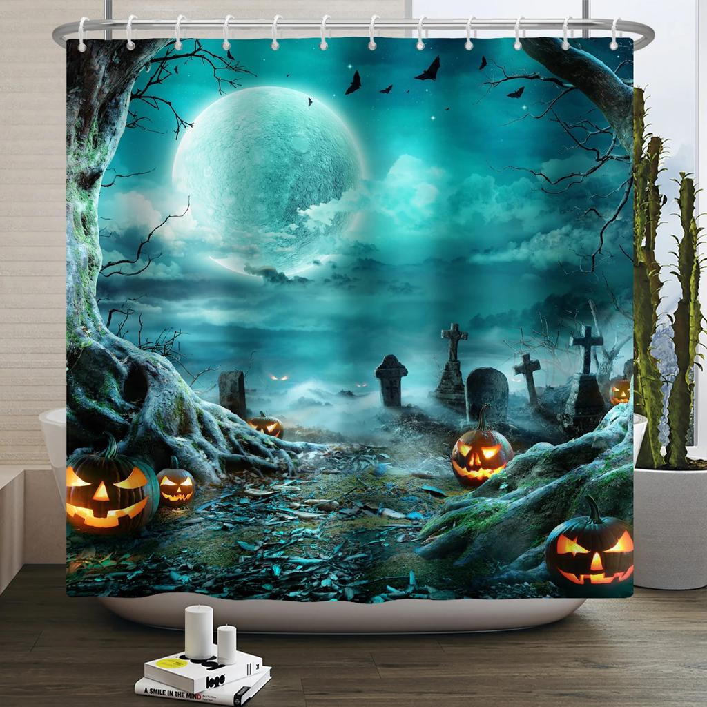 Хэллоуин Занавеска для душа Ужас Лунная ночь Тыква Череп Скелет Страшный Замок Ведьма Призрак Кладбище Водонепроницаемые Занавески для ванной