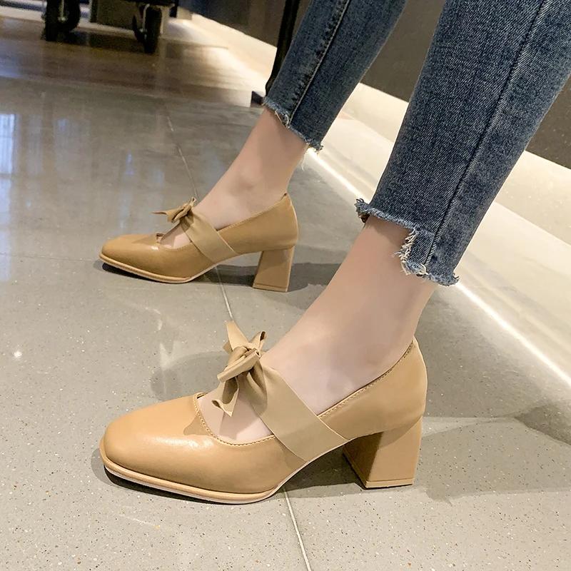 Fashion Mary Jane Woman Footwear Bride Square Toe with Bow Block Heel Shoes for Women Japanese Style Lolita Creamy-white Gothic Trend 40