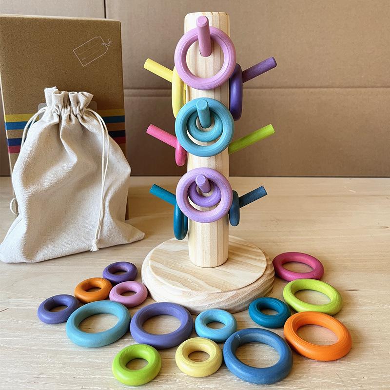 Rainbow Wooden Stacking Rings for Kids - Interlocking Building Blocks with CE Certification