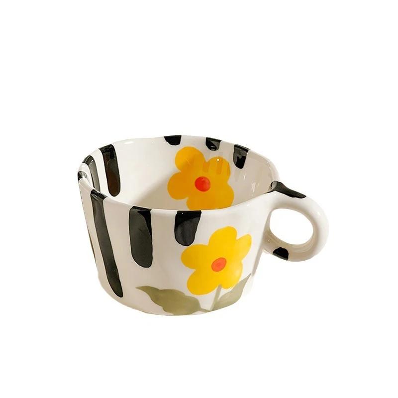 300ml Cute Hand Pinched Ceramic Mugs Hand Drawn Flowers Coffee Cup Student Breakfast Milk Oatmeal Cup Gift Office Water Cups