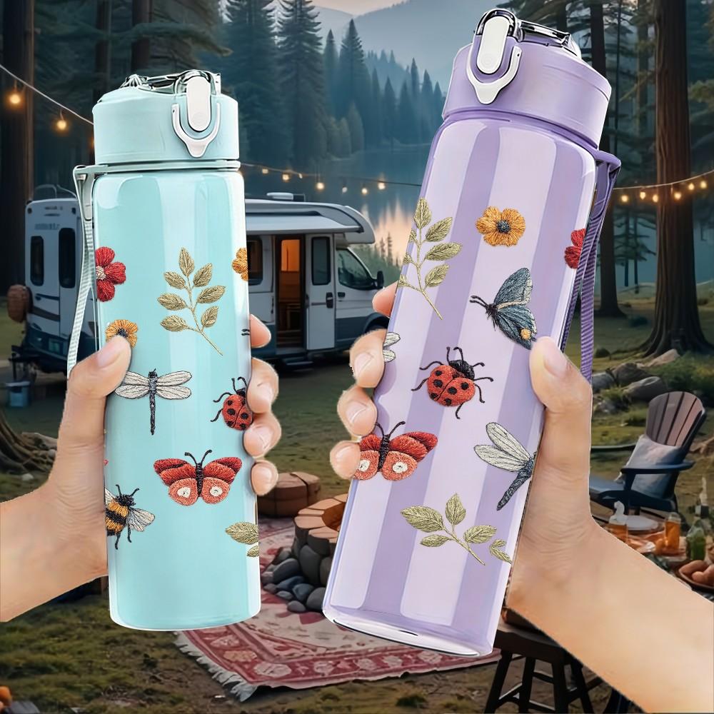 1PC Dragonfly Floral Botanical Sketch Print 750ml Color Plastic Sports Water Bottle Leakproof Flip Straw Lid Suitable for Sports Office Home Use
