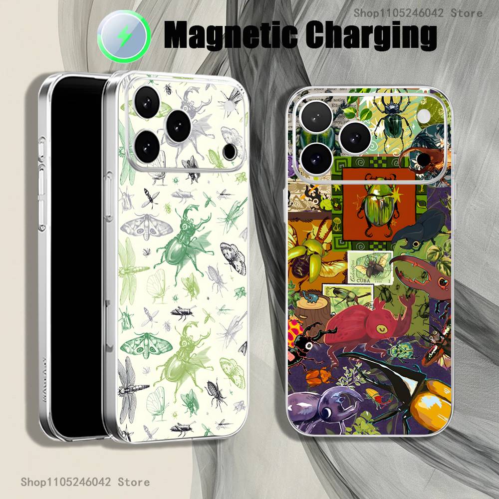 Insects And Bugs For iPhone 17,16,15,14,13,12,11,Pro,Max,Plus Transparent White Phone Case Magnetic Wireless Charging
