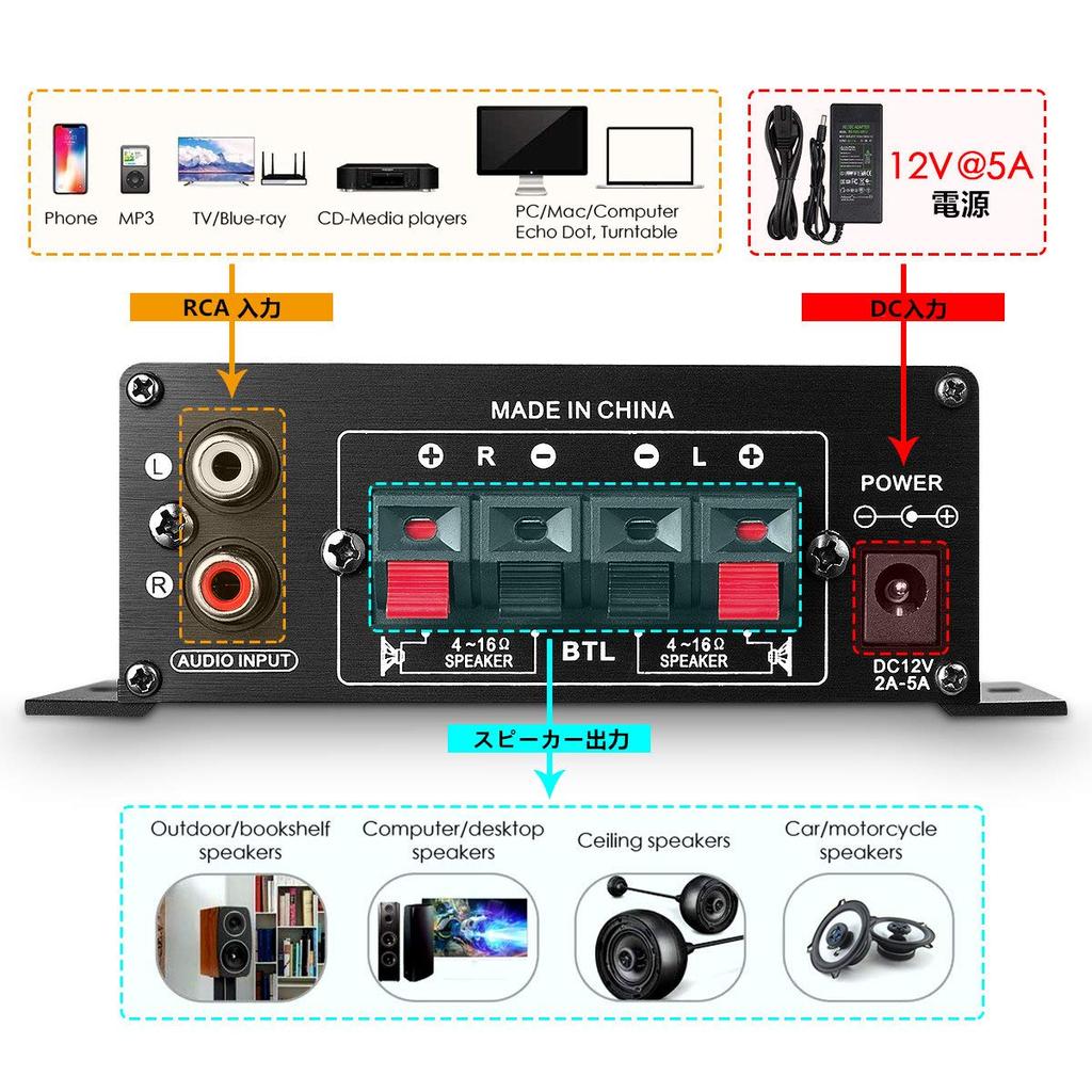 AK-170 Мотоциклетный стерео цифровой усилитель мощности, Компактный цифровой усилитель 12 В с адаптером питания 12 В/5 А