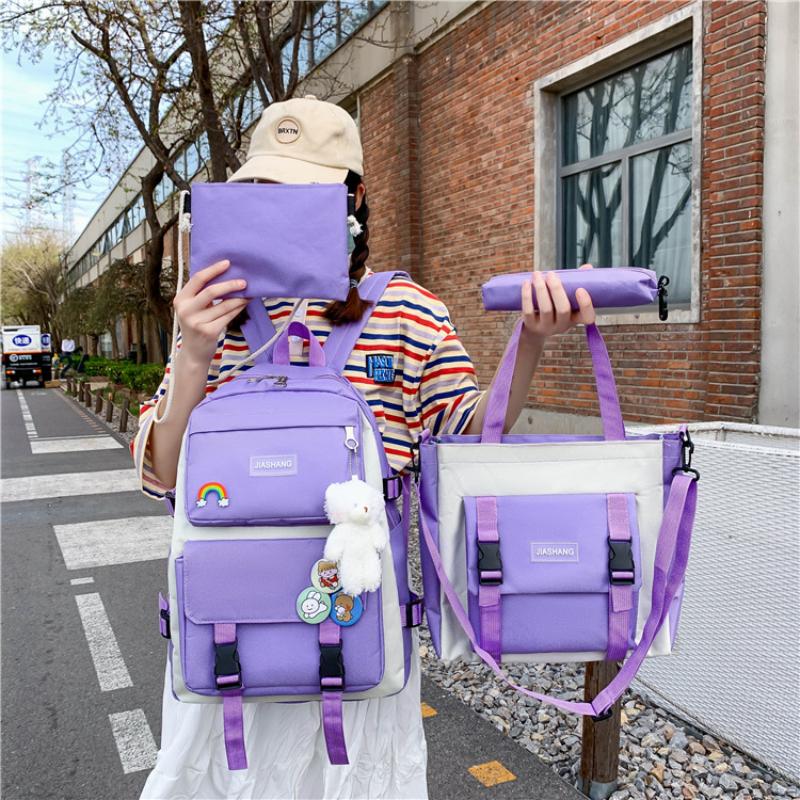 4pcs Primary School Backpack Secondary School Backpack Men's Women's 4-piece Set Solid Color Large Capacity Waterproof Casual Fashionable Backpack