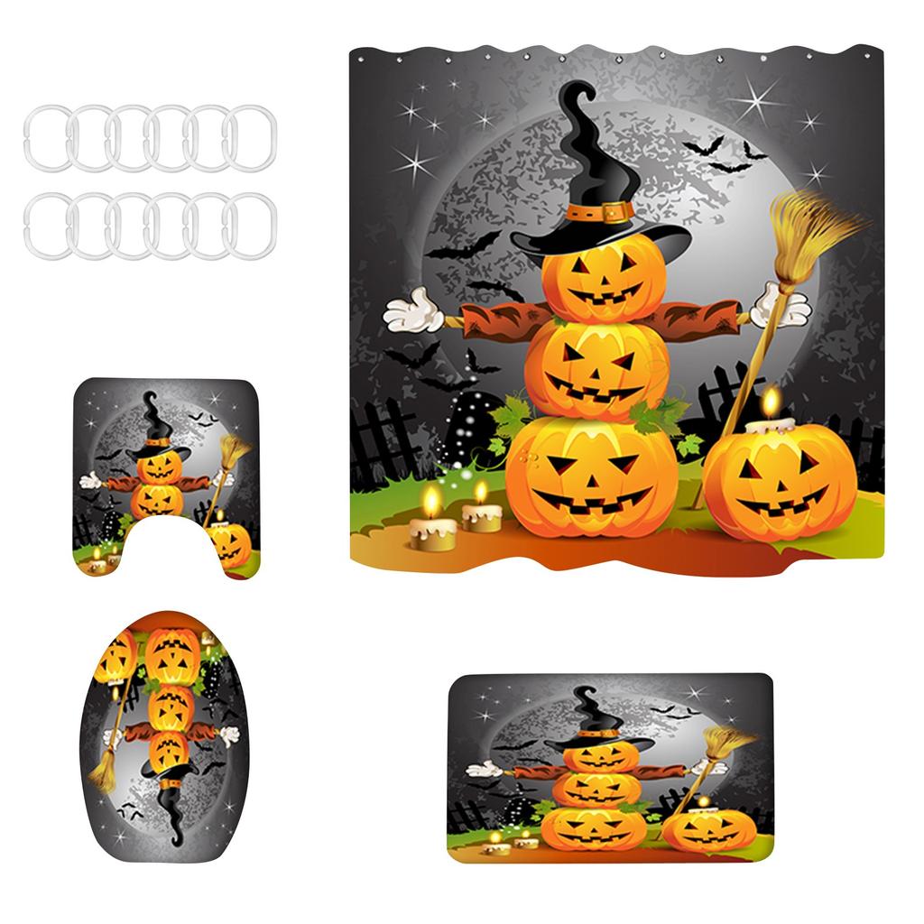 Halloween Printed Bathroom 4-Piece Set, Shower Curtain + Floor Mat + U-Shaped Mat + Toilet Seat Mat, Waterproof And Punch-Free, With 12 Hooks