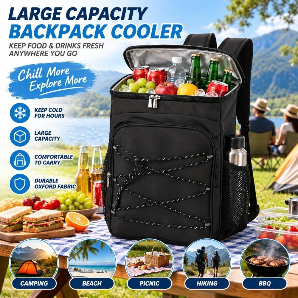 Oxford Cloth and PEVA Cooler Backpack Black Leak Proof Backpack Insulated Cooler Bag  For Travel