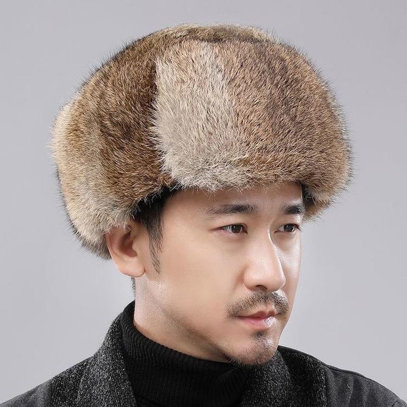 Rabbit Fur Cap Man Winter Genuine Fur Bomber Hat Windproof Warm Earmuffs Male Flat Grey/Black Russian Winter Rabbit Fur Hat