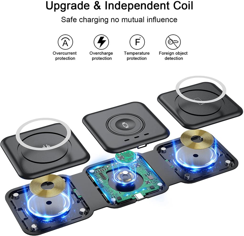 3-in-1 Wireless Charging Pad Portable Magnetic Foldable Travel Charger with Adapter for iPhone 13/12/Pro/Max, iWatch, AirPods 3/2/Pro, Black
