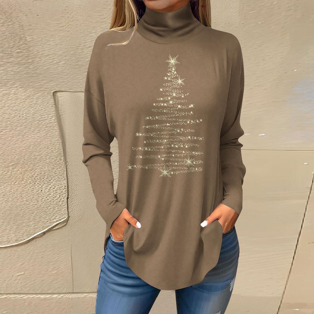 Women's Fashionable Loose-Fit High-Neck T-Shirt With Christmas Print Long-Sleeved Top