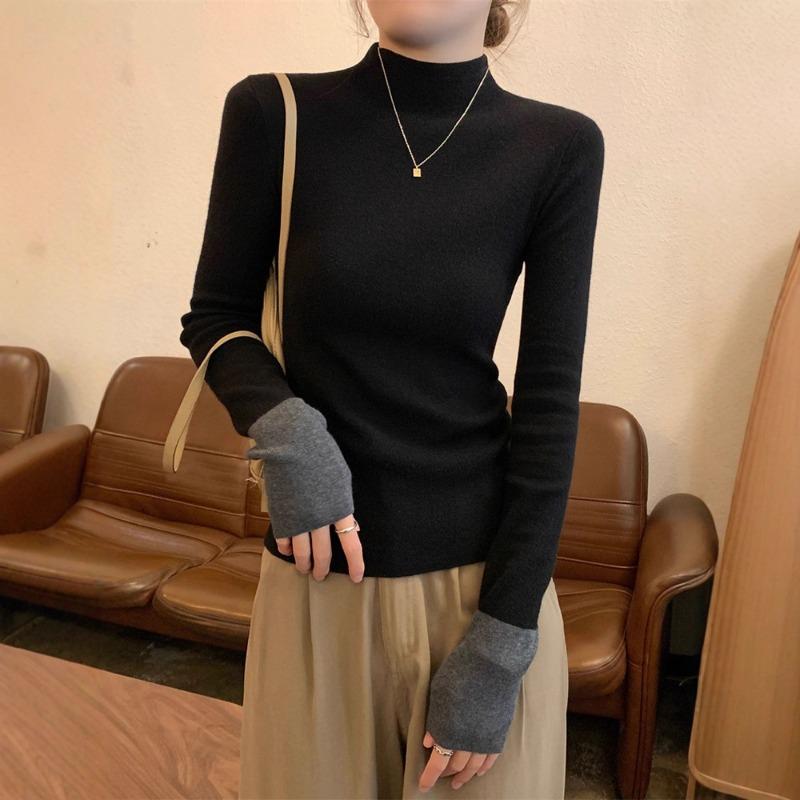 Contrasting Color Semi-turtleneck Knitted Sweater Women's Clothing Spring Autumn and Winter Slim-fit Inner Top Black Bottoming Shirt