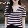 Women's V-neck Striped Short-sleeved T-shirt Summer Casual Fashion Thin Blouse Versatile Cotton