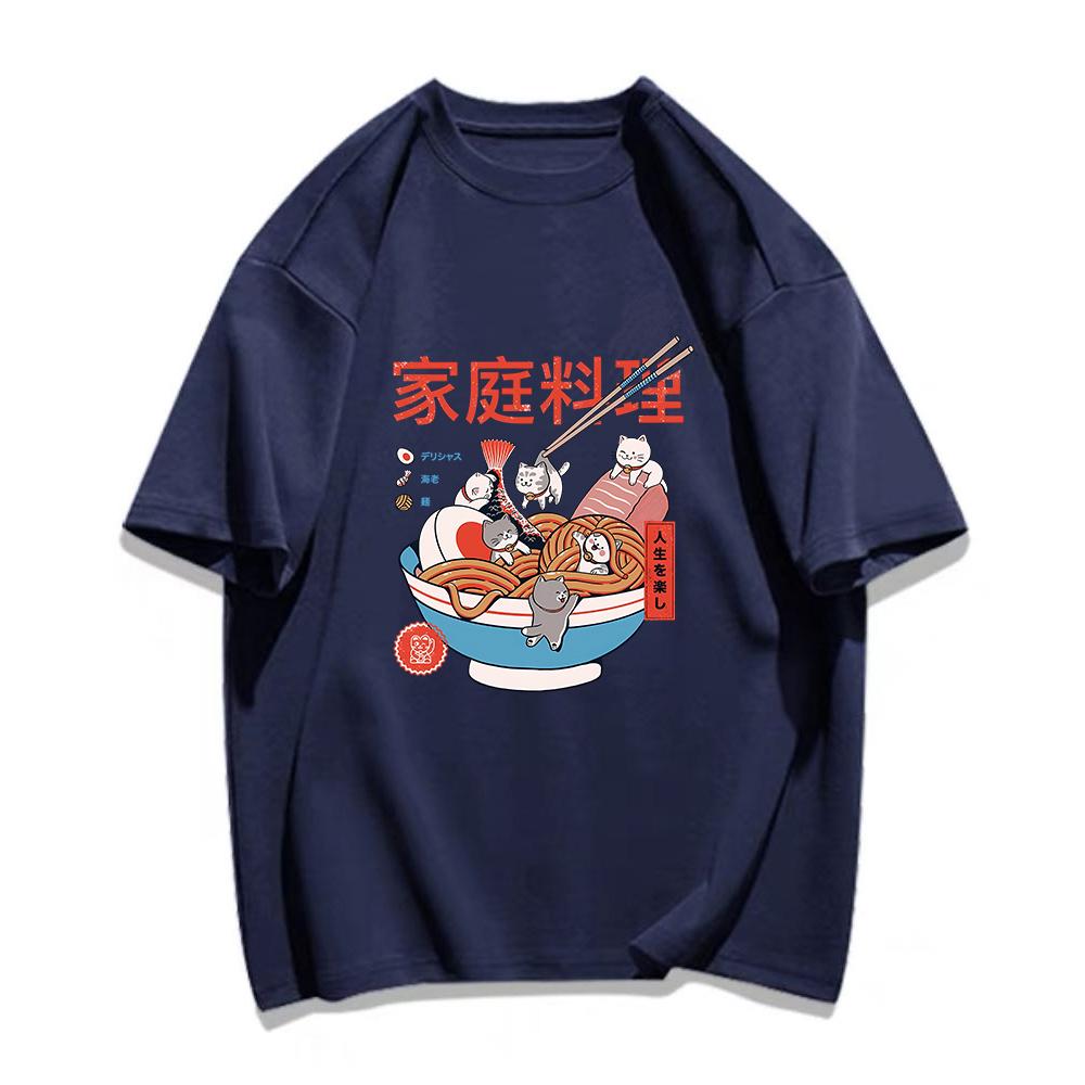 Рамен Кошки Женские Футболки с Японскими Аниме Персонажами 100% Хлопок Повседневные Футболки Летняя Одежда Харадзюку Каваи Небольшая Эластичность