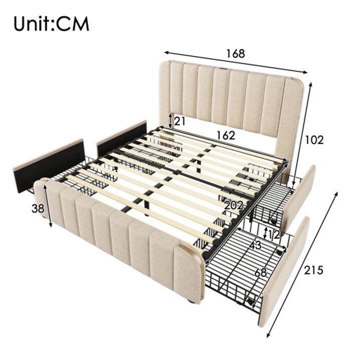 Lit rembourré - Golden Stripe - 160x200 cm - Lin beige - 4 tiroirs avec USB-C