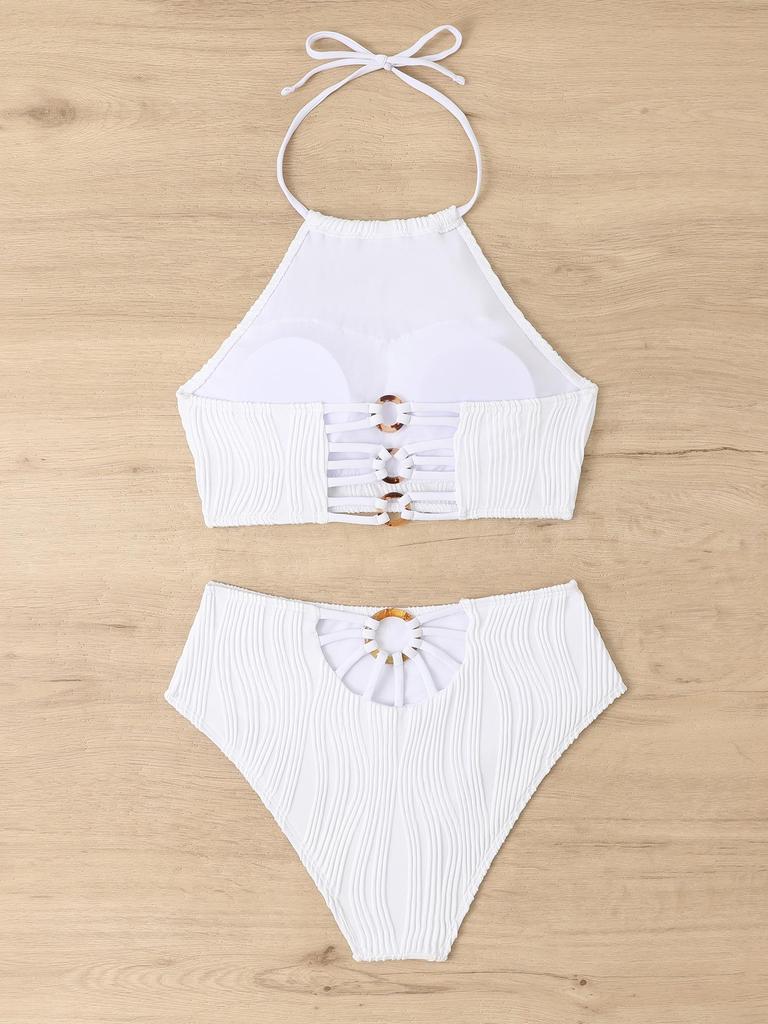 2024 European & American Solid Color High Waist Split Bikini Swimsuit for Women