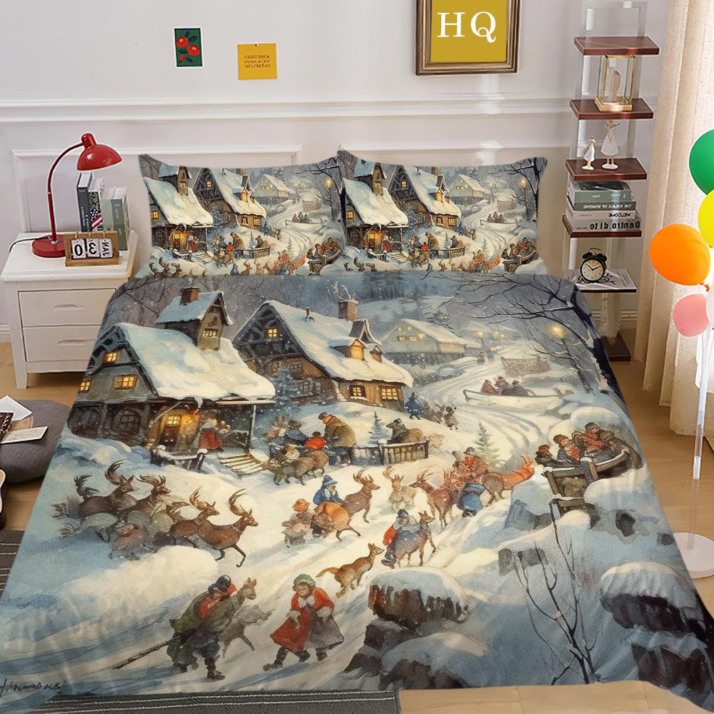Рождественская карета, снежная сцена, 3D-принт, полиэстеровая наволочка, пододеяльник, набор из двух или трех предметов, можно