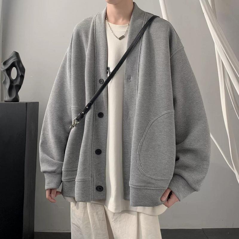 Men's Trendy Loose-Fit Gray Knitted Cardigan Jacket, Autumn/Winter 2023