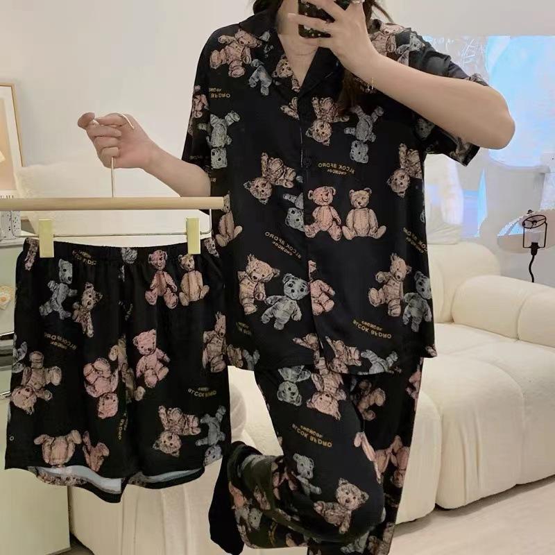 Комплект из трех предметов с коротким рукавом, длинные брюки, премиум-класса, пижамные шорты, женская простая домашняя одежда с черным медведем