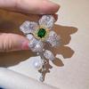 Emerald Four-Leaf Flower 3D Brooch: Gold-Plated with Zircon and Pearl Accent for Women