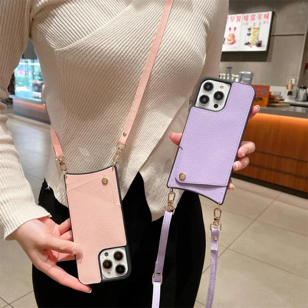 Чехол-кошелек через плечо для iPhone 16E 16 15 14 Plus 13 12 11 Pro Max, кожаный чехол с держателем для карт, шнурком и ремешком