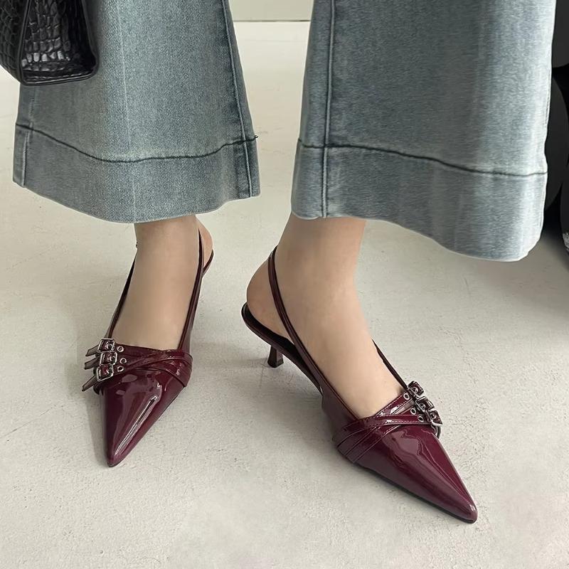 Женские сандалии с острым носком, новые поступления, модные туфли на резинке для вечеринок, женские, на тонком среднем каблуке, красные, черные, серебристые, модные