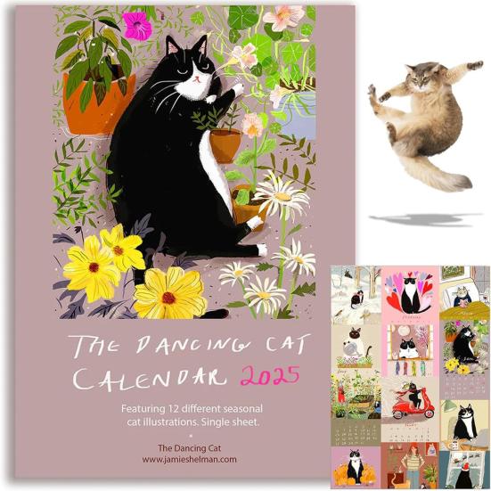 Календарь на 2025 год с танцующими кошками, 12 иллюстраций кошек, ежемесячный календарь, настенный календарь ручной работы