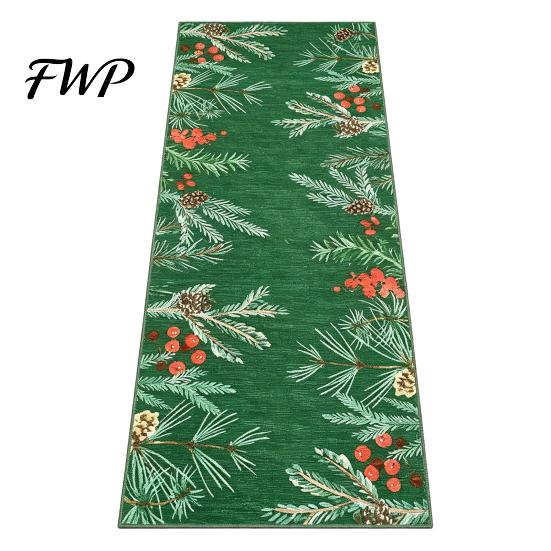 Decorative Pine Berry Rug Christmas Runner Rug, Watercolor Branches Berries Pattern, Indoor Entryway Hallway 47.24"x15.75" Non Slip Floor Mat