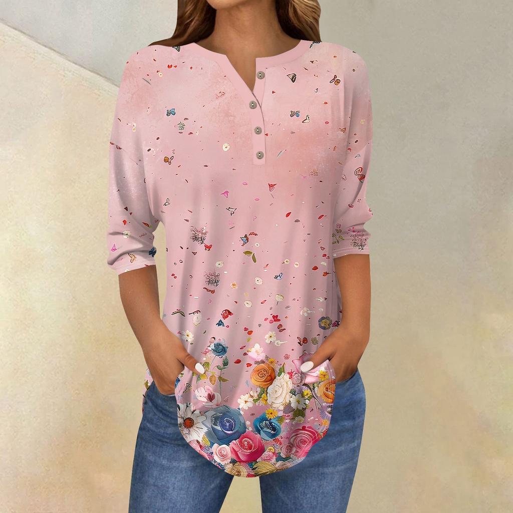 Рубашки с рукавом 3/4 для женщин, модные, повседневные, с круглым вырезом, с принтом, футболка, топ