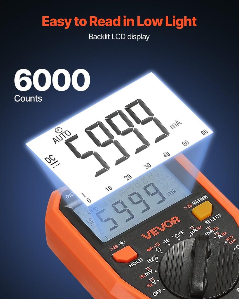 Digital Multimeter, 6000-Count TRMS DC/AC Voltmeter Current Tester, Professional NCV Multimeter for Current Voltage Resistance Capacitance Duty-Cycle